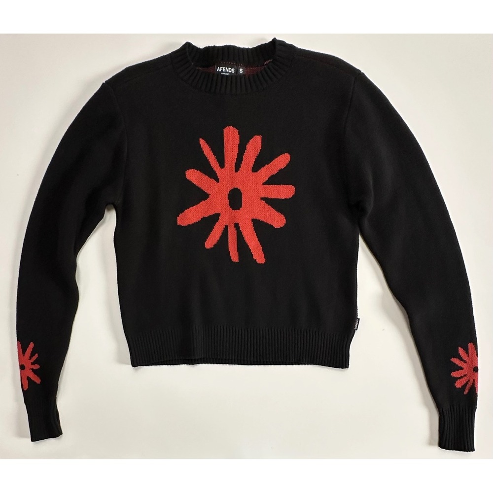Afends Organic Recycled Cotton Sunburst Graphic Knit Sweater Black Red Size S